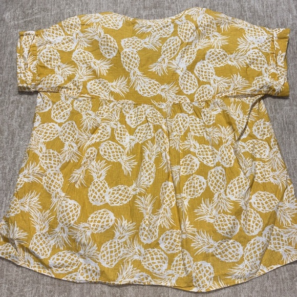 XL XXL pineapple Linen Top short cuffed sleeve pleated back flowy yellow white - Picture 5 of 5